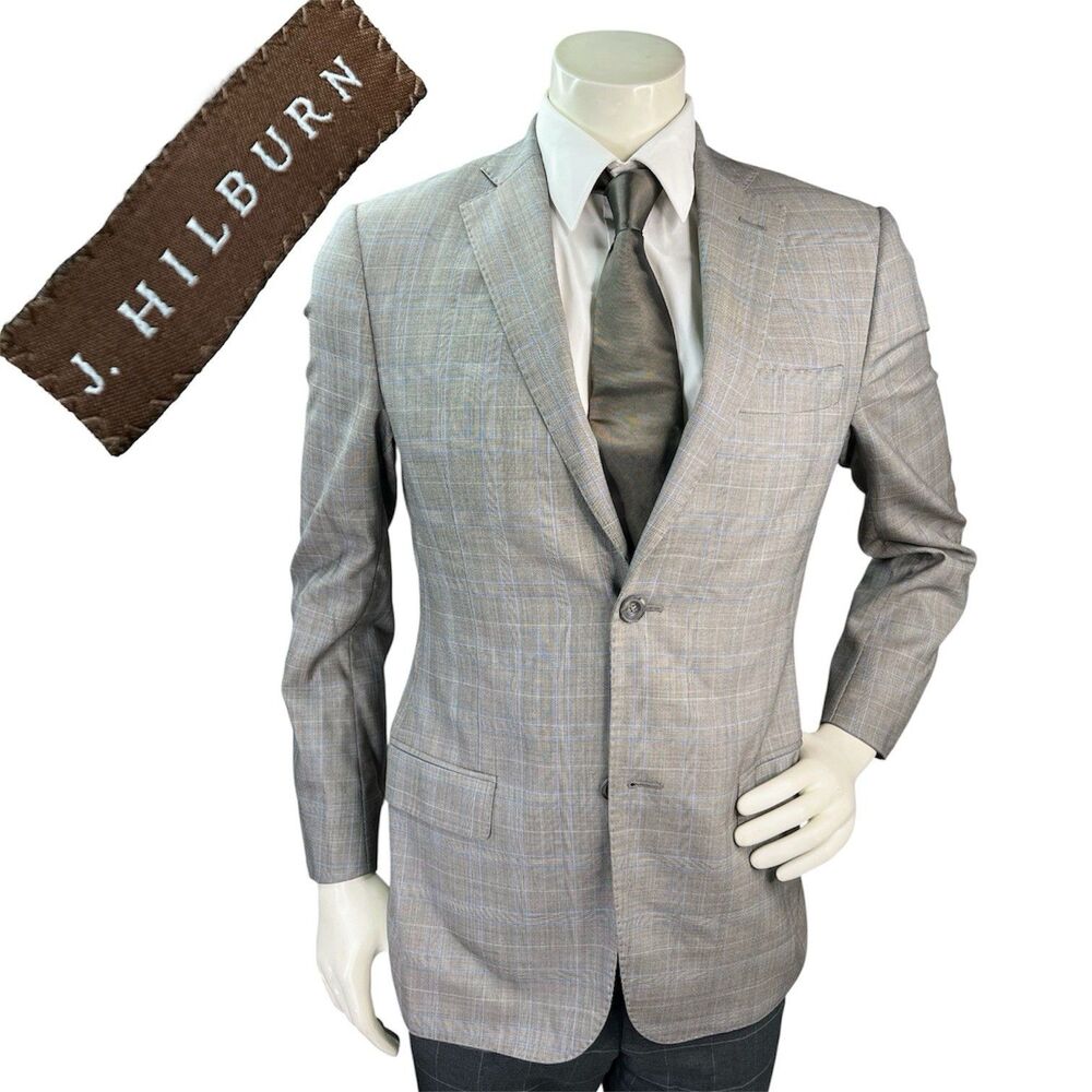 J Hilburn Vitale Barberis Men 36R Blazer European Fit Gray Wool Glen Plaid